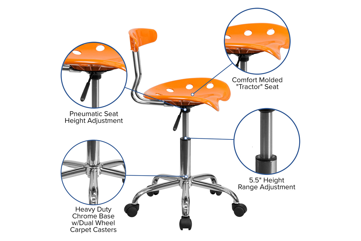 BLNK Elliott Vibrant Chrome Swivel Task Office Chair with Tractor Seat - Orange