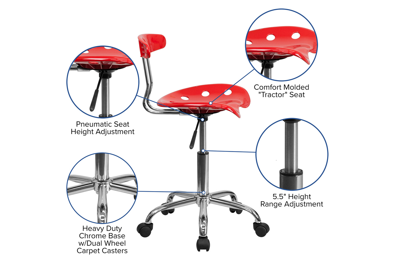 BLNK Elliott Vibrant Chrome Swivel Task Office Chair with Tractor Seat - Red