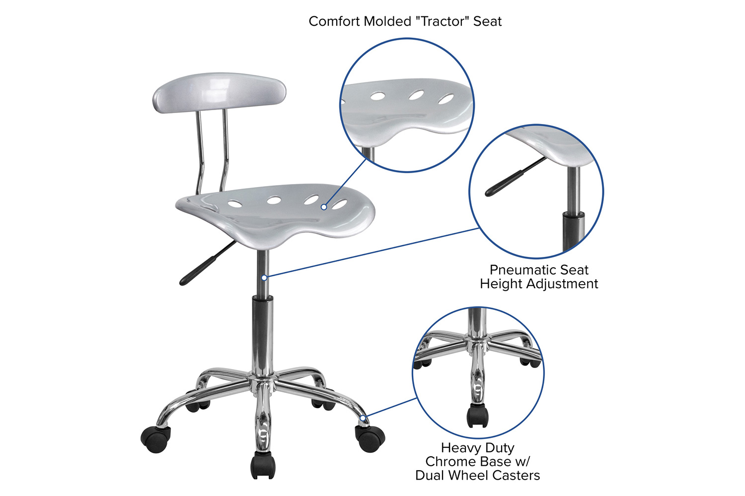 BLNK Elliott Vibrant Chrome Swivel Task Office Chair with Tractor Seat - Silver