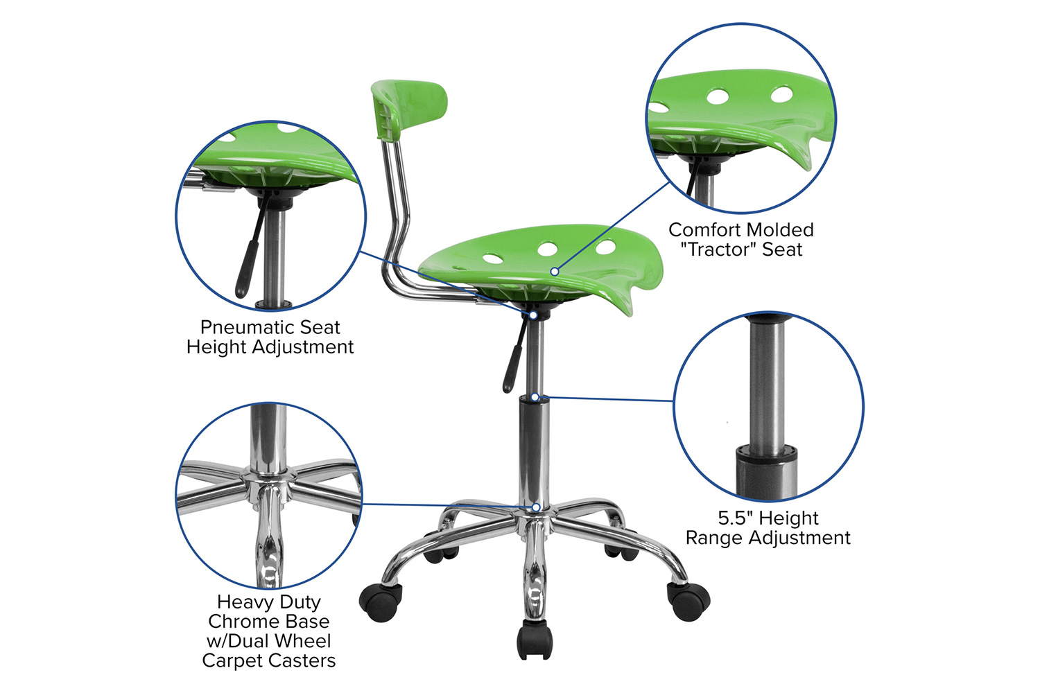 BLNK Elliott Vibrant Chrome Swivel Task Office Chair with Tractor Seat - Spicy Lime