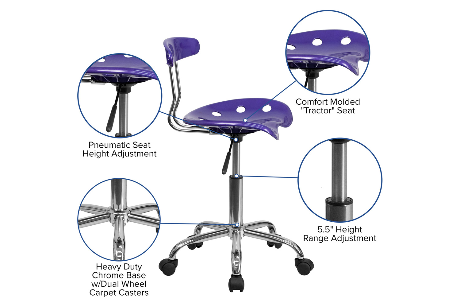 BLNK Elliott Vibrant Chrome Swivel Task Office Chair with Tractor Seat - Violet