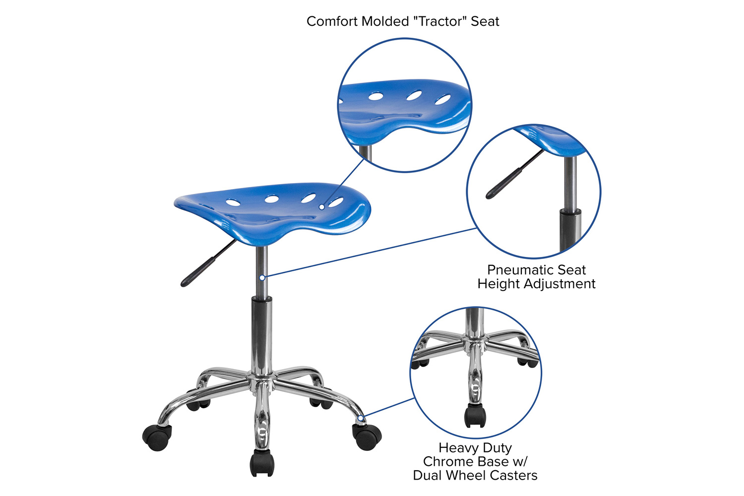 BLNK Taylor Vibrant Chrome Stool with Tractor Seat - Bright Blue