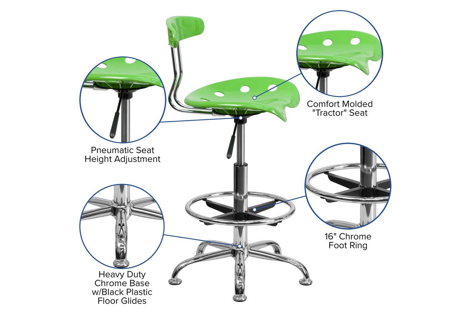 BLNK Bradley Vibrant Chrome Drafting Stool with Tractor Seat - Apple Green