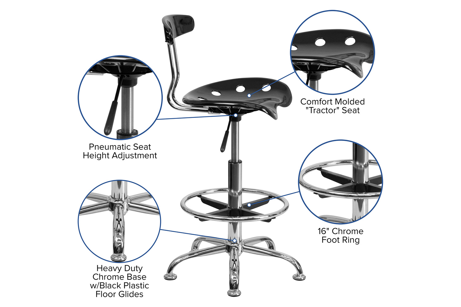 BLNK Bradley Vibrant Chrome Drafting Stool with Tractor Seat - Black