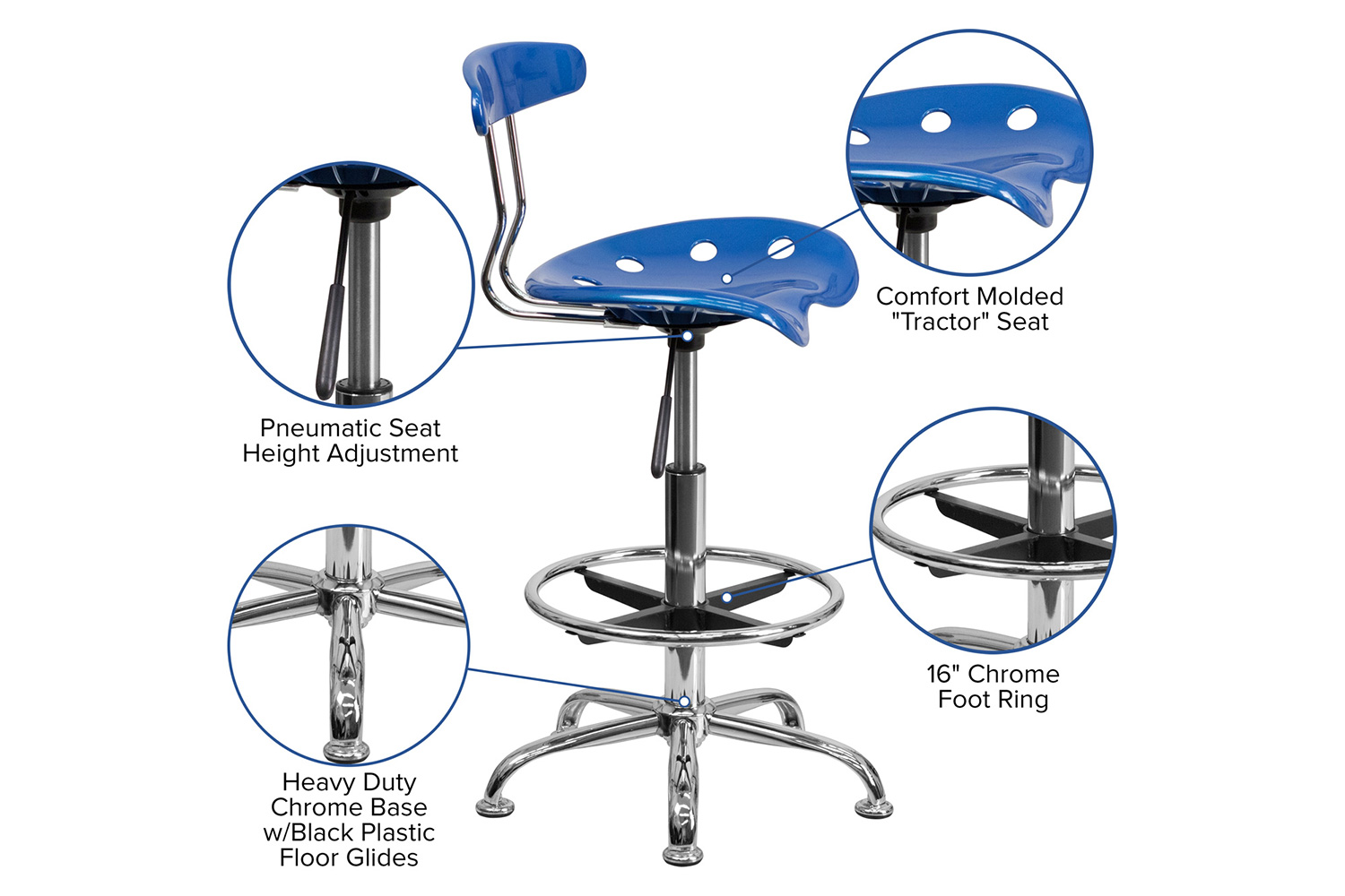 BLNK Bradley Vibrant Chrome Drafting Stool with Tractor Seat - Bright Blue