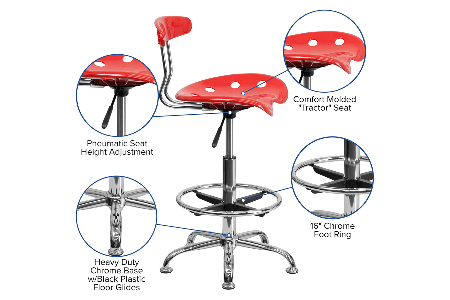 BLNK Bradley Vibrant Chrome Drafting Stool with Tractor Seat - Cherry