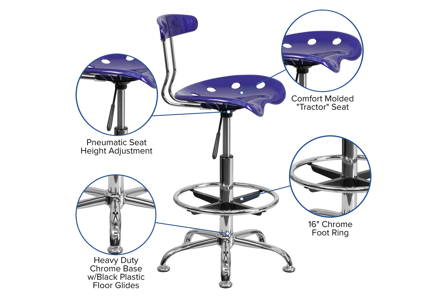 BLNK Bradley Vibrant Chrome Drafting Stool with Tractor Seat - Deep Blue