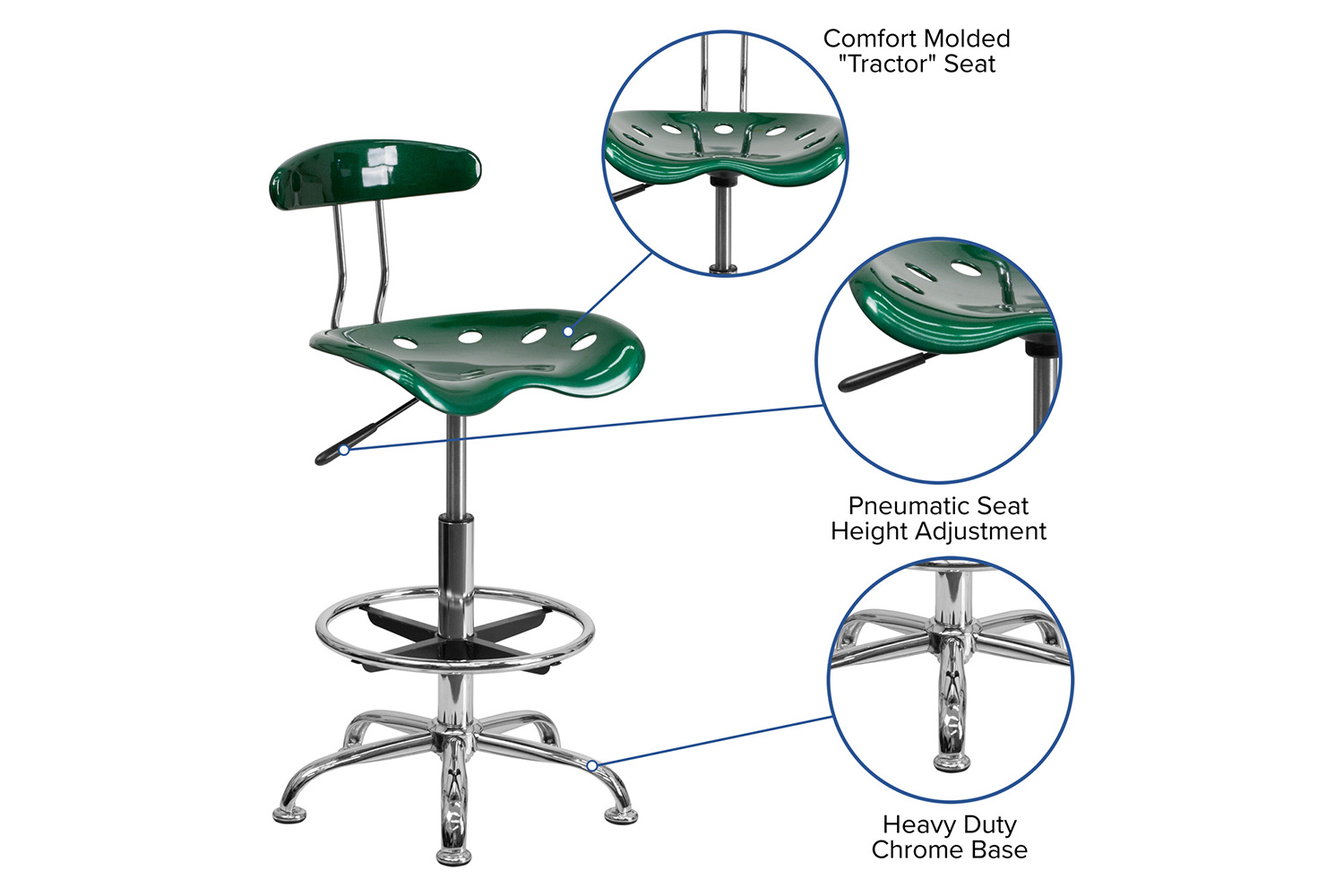 BLNK Bradley Vibrant Chrome Drafting Stool with Tractor Seat - Green