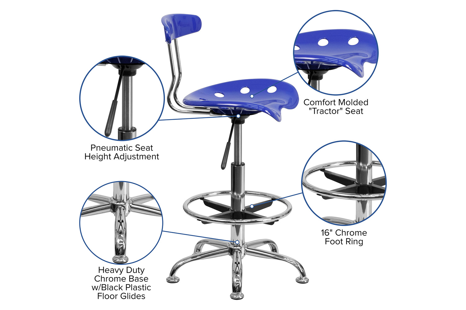 BLNK Bradley Vibrant Chrome Drafting Stool with Tractor Seat - Nautical Blue