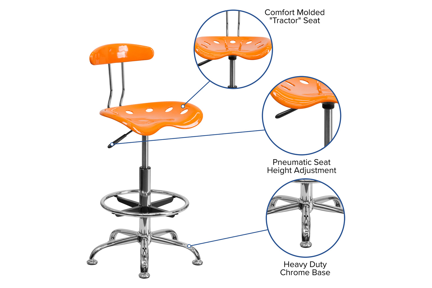 BLNK Bradley Vibrant Chrome Drafting Stool with Tractor Seat - Orange