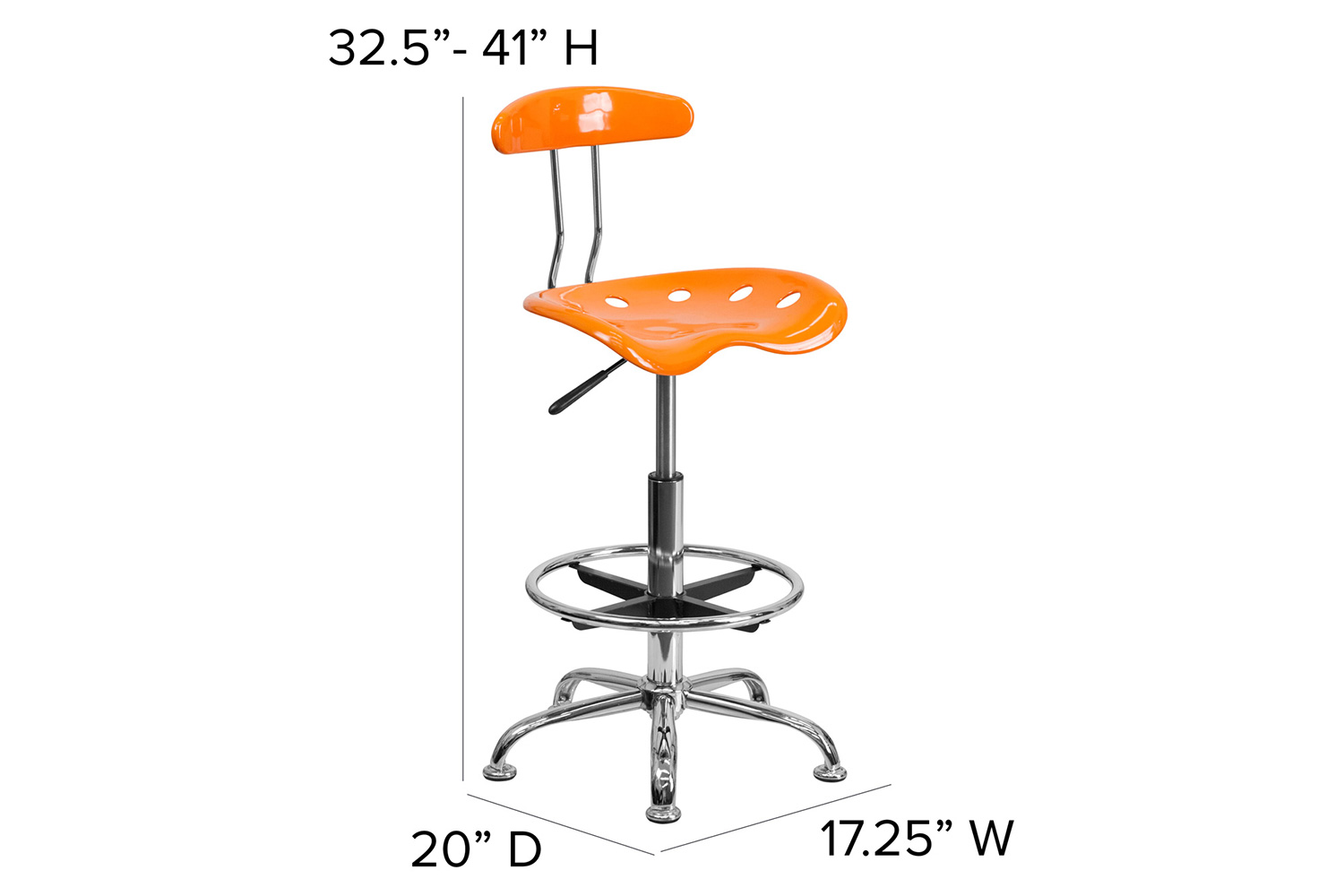 BLNK Bradley Vibrant Chrome Drafting Stool with Tractor Seat - Orange