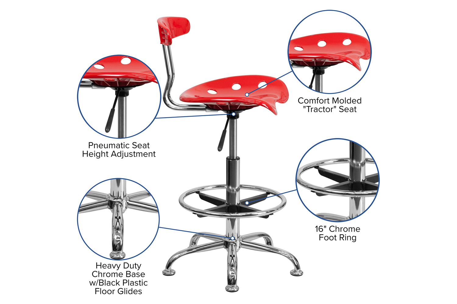 BLNK Bradley Vibrant Chrome Drafting Stool with Tractor Seat - Red