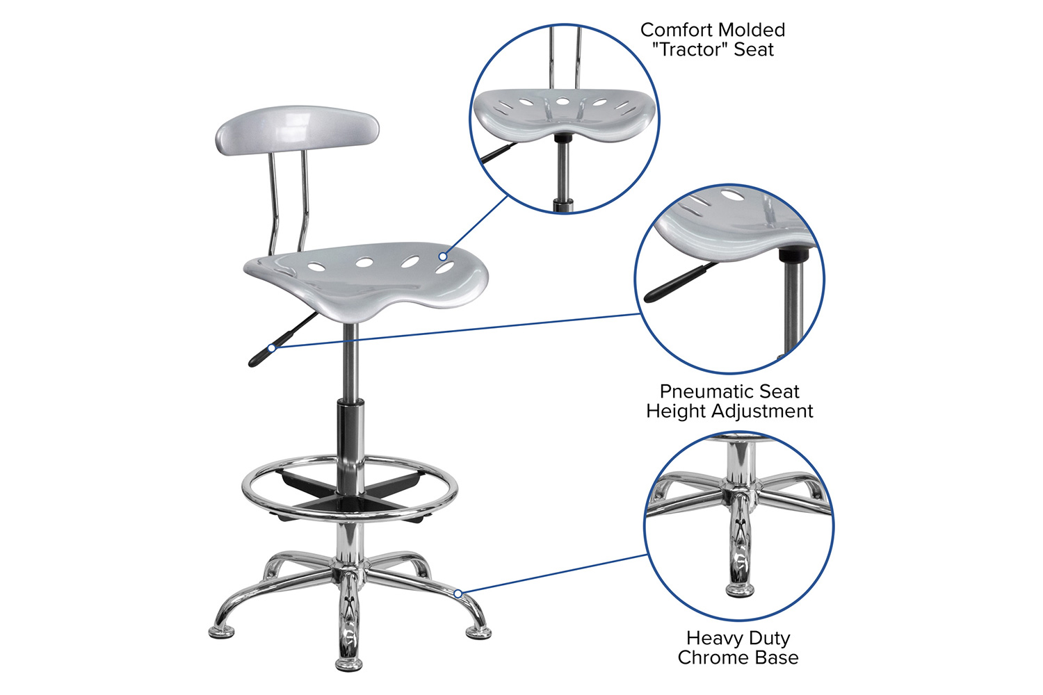 BLNK Bradley Vibrant Chrome Drafting Stool with Tractor Seat - Silver