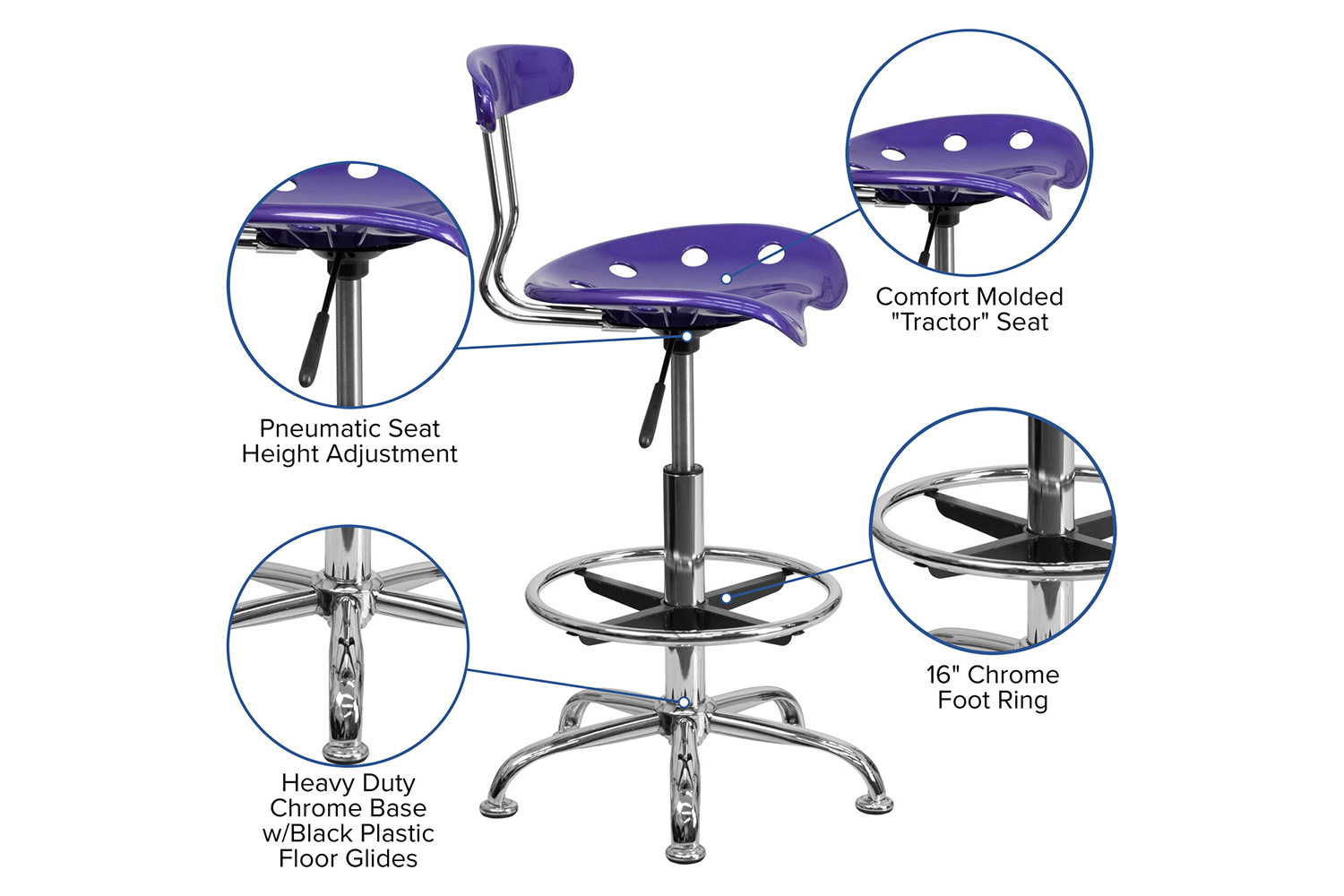 BLNK Bradley Vibrant Chrome Drafting Stool with Tractor Seat - Violet