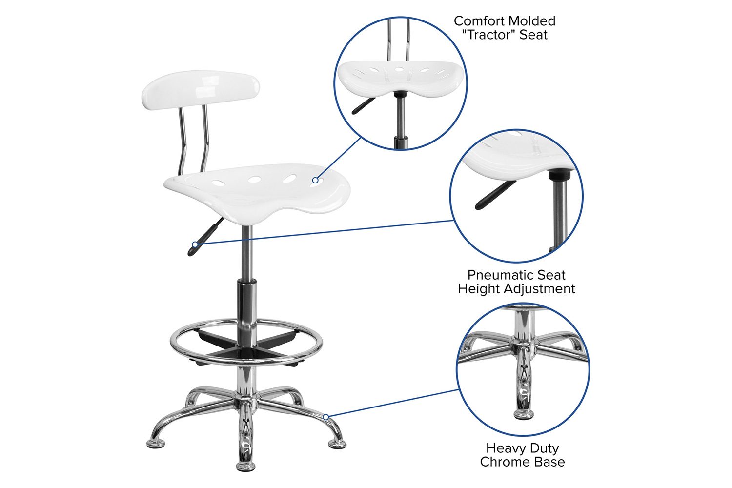 BLNK Bradley Vibrant Chrome Drafting Stool with Tractor Seat - White