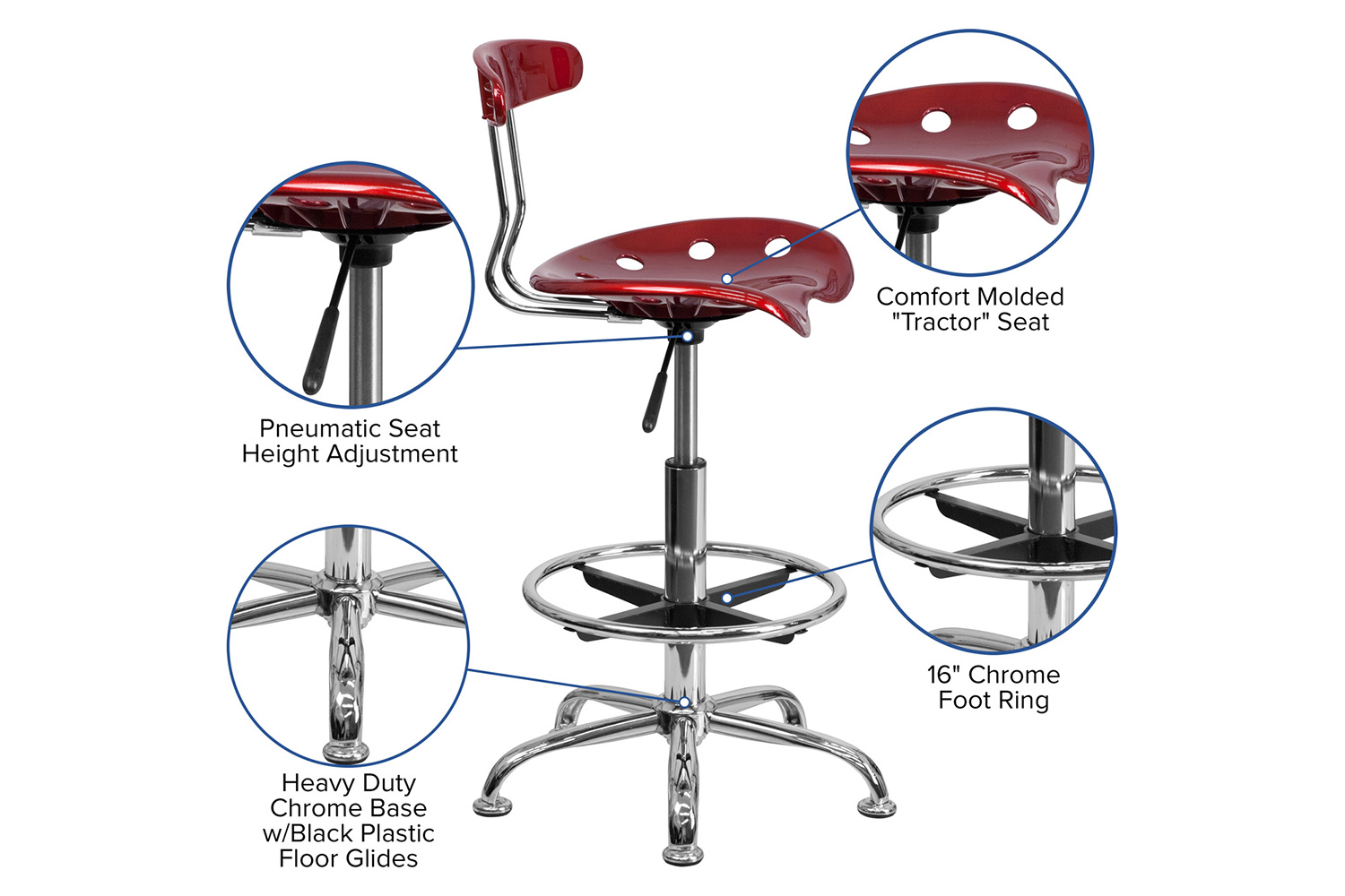 BLNK Bradley Vibrant Chrome Drafting Stool with Tractor Seat - Wine Red