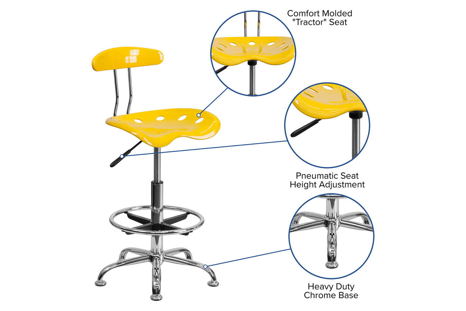 BLNK Bradley Vibrant Chrome Drafting Stool with Tractor Seat - Yellow