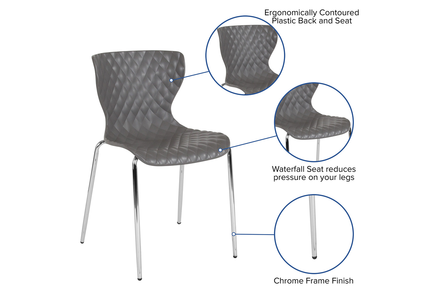 BLNK Lowell Plastic Contemporary Design Stack Chair - Gray