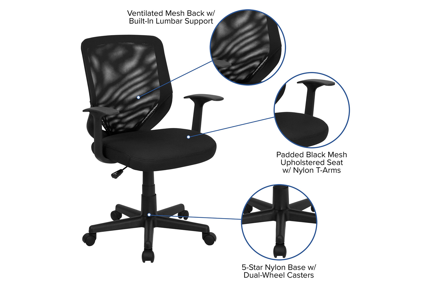 BLNK - Norris Mid-Back Mesh Tapered Back Swivel Task Office Chair with T-Arms