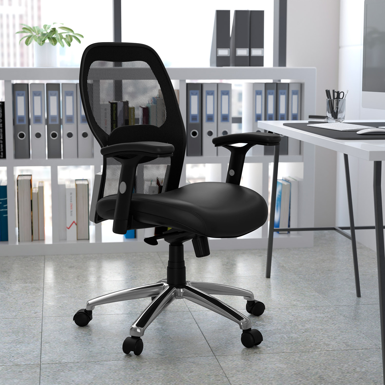 BLNK Albert Mid-Back Black Executive Swivel Office Chair with Adjustable Lumbar and Arms and Knee Tilt Control - LeatherSoft