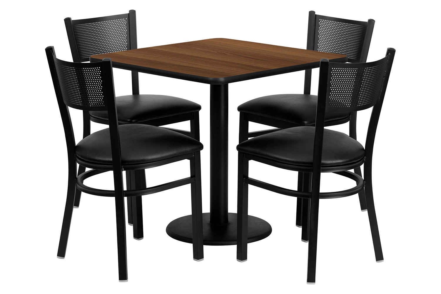 BLNK - Clark Square Walnut Laminate Table Set with 4 Grid Back Metal Chairs with Vinyl Seat