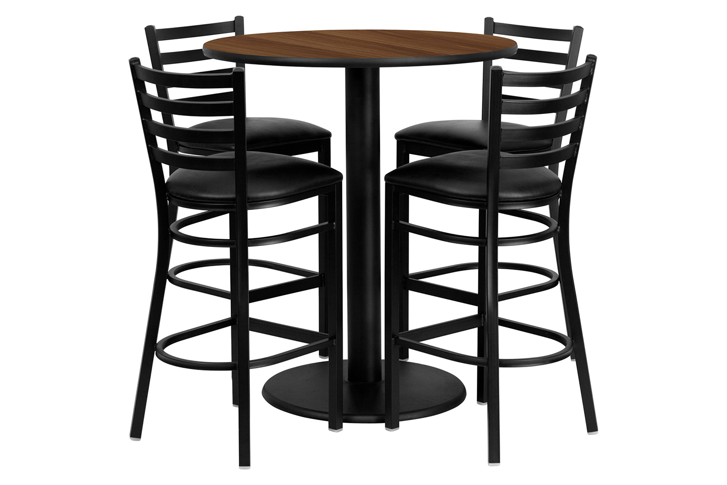 BLNK Clark Round Laminate Table Set with 4 Ladder Back Metal Bar Stools with Black Vinyl Seat