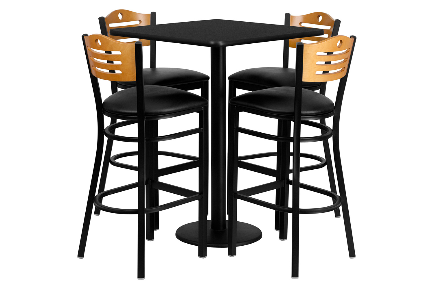 BLNK™ - Clark Square Laminate Table Set with 4 Wood Slat Back Metal Bar Stools with Black Vinyl Seat