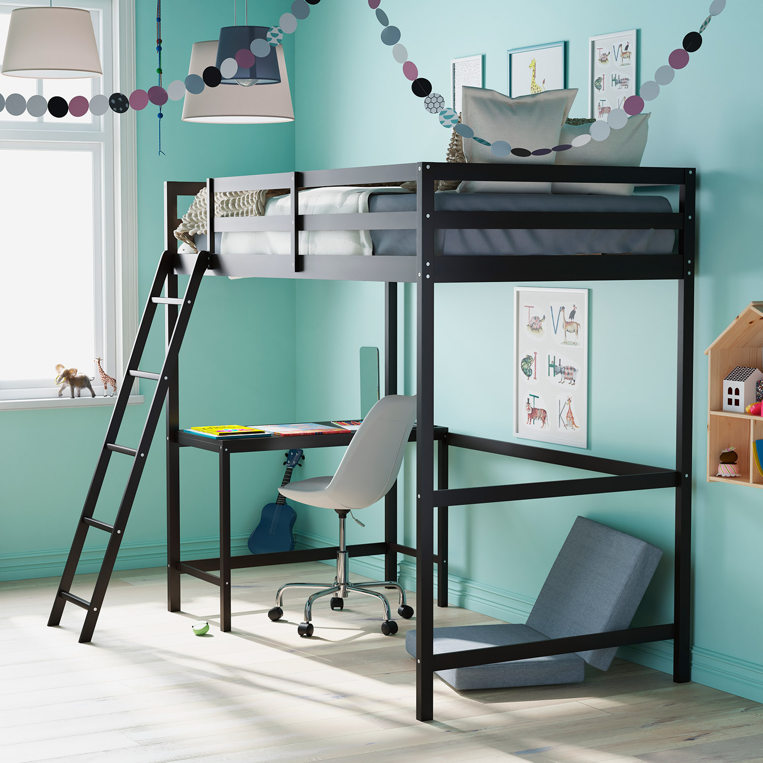 BLNK Riley Wood Bed Frame with Protective Guard Rails and Ladder for Kids and Teens