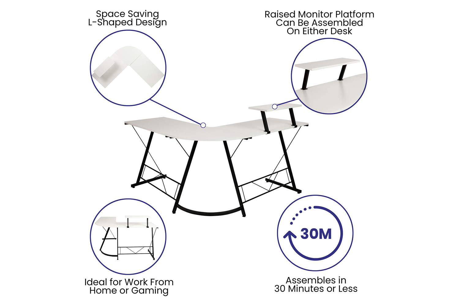 BLNK™ Ginny L-Shaped Computer Desk with Monitor Stand - White/Black