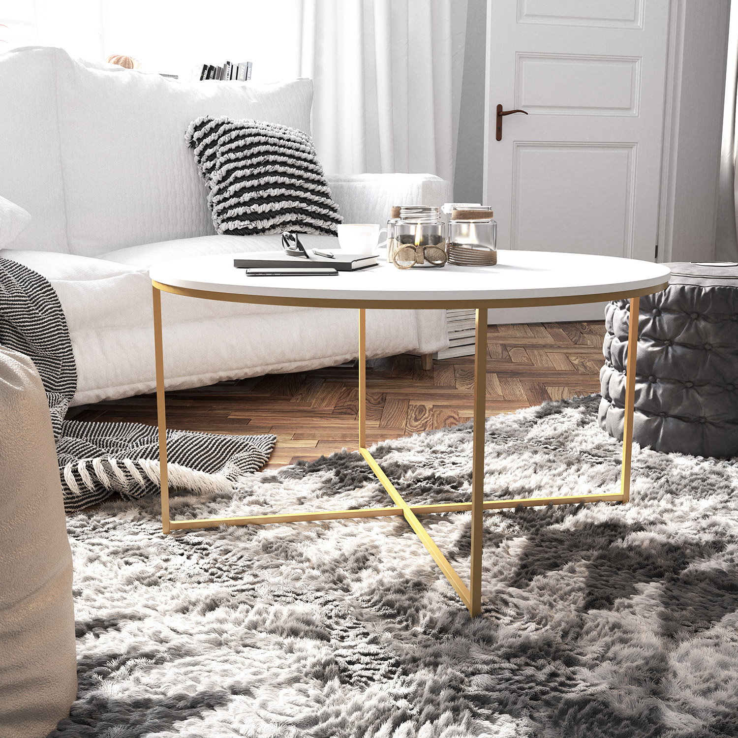 BLNK Hampstead Collection Coffee and End Table Set with White Laminate Top 3 Piece - Brushed Gold