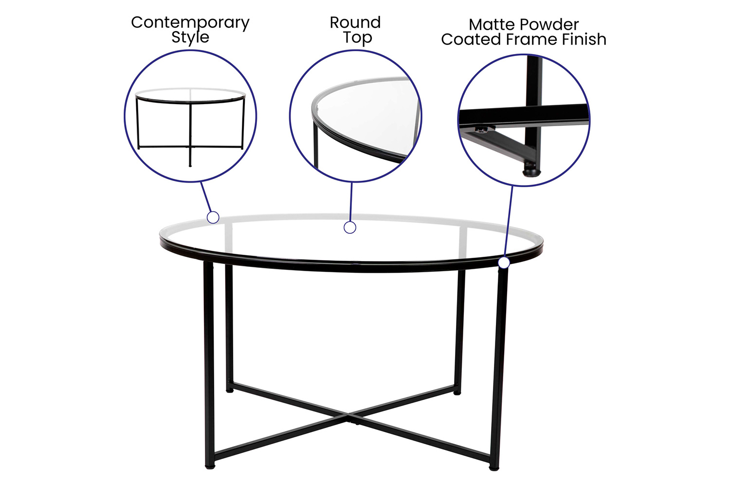 BLNK Greenwich Collection Coffee and End Table Set with Clear Glass Top 3 Piece - Matte Black