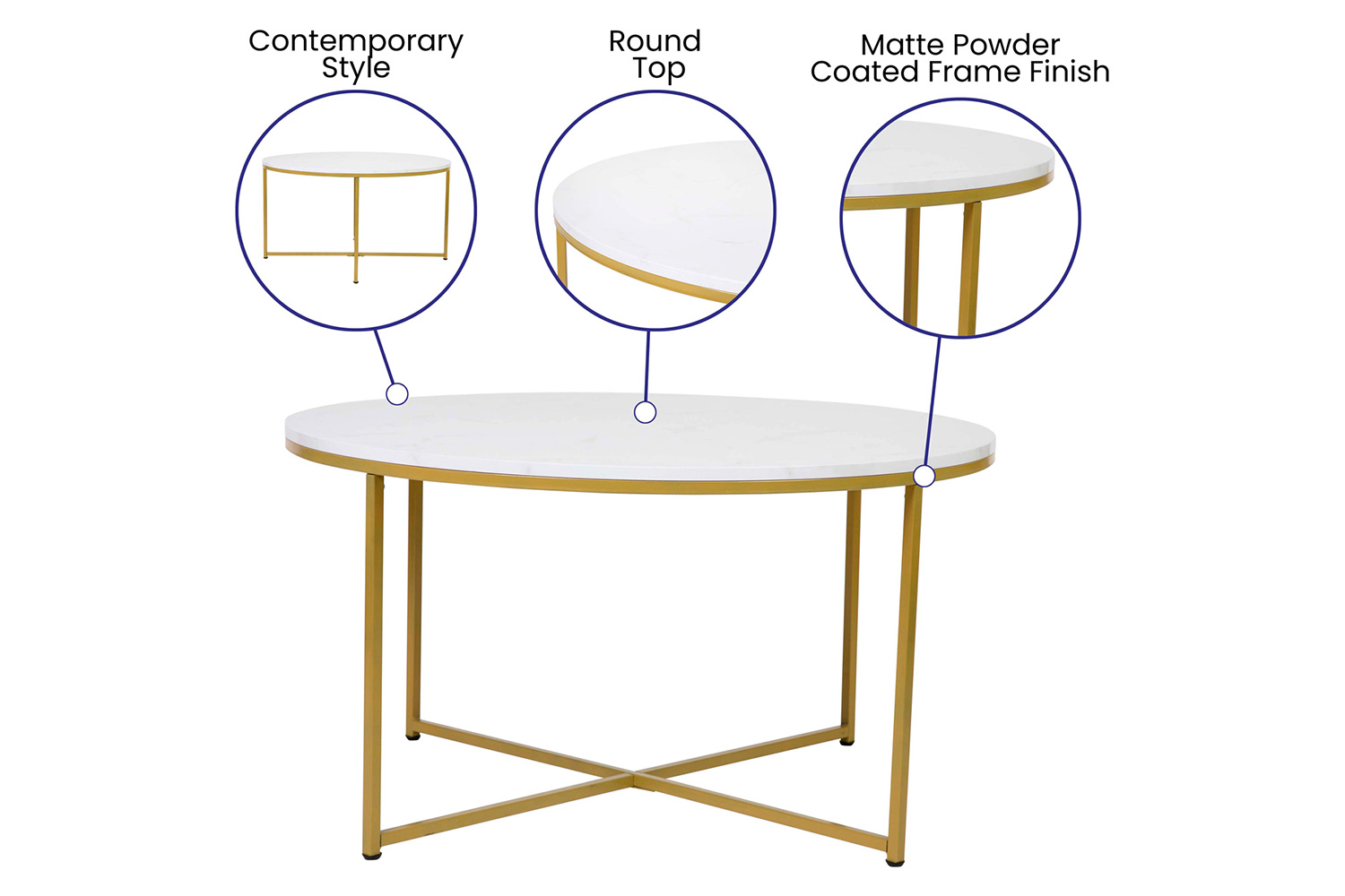 BLNK Hampstead Collection Coffee and End Table Set with White Marbled Laminate Top 3 Piece - Brushed Gold