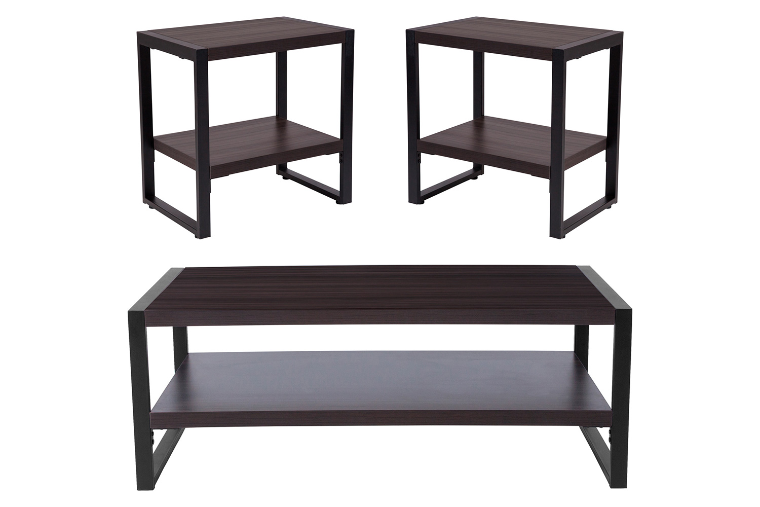 BLNK Thompson Collection Coffee and End Table Set with Raised Shelves in Charcoal Wood Grain Finish 3 Piece