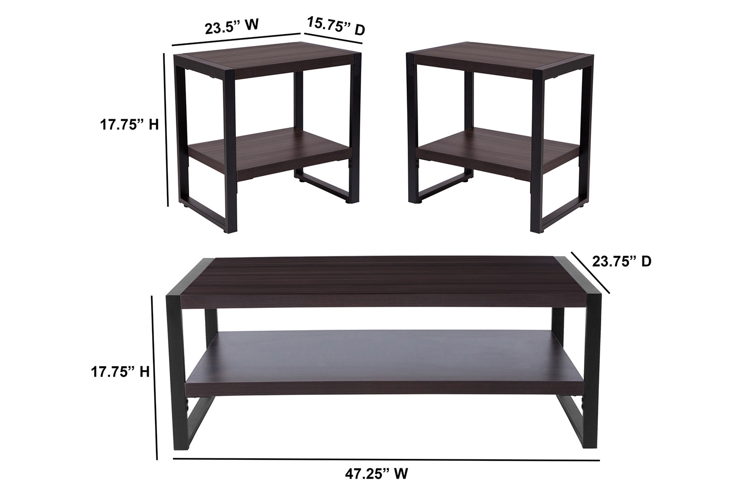 BLNK Thompson Collection Coffee and End Table Set with Raised Shelves in Charcoal Wood Grain Finish 3 Piece