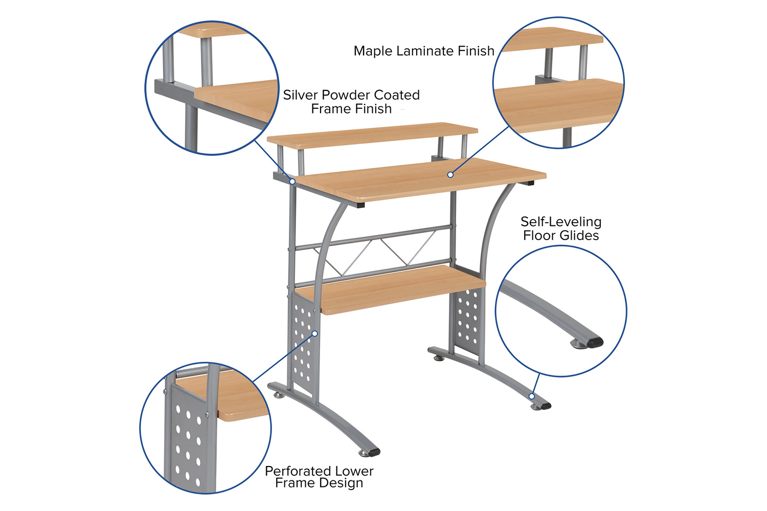 BLNK Clifton Computer Desk with Top and Lower Storage Shelves - Maple