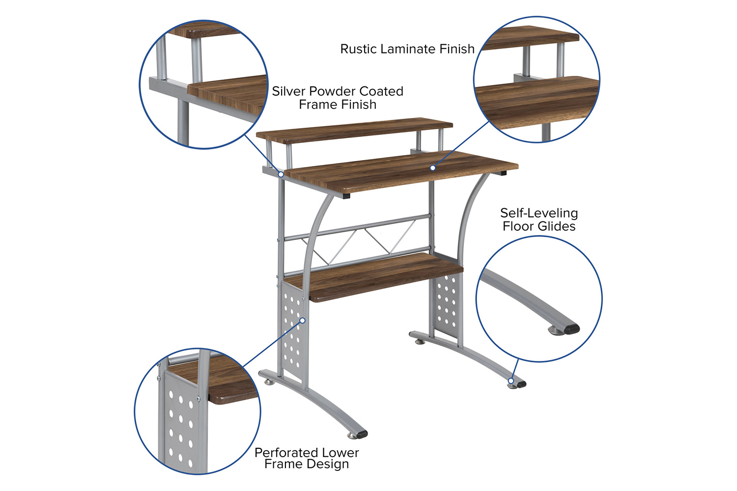 BLNK Clifton Computer Desk with Top and Lower Storage Shelves - Rustic Walnut