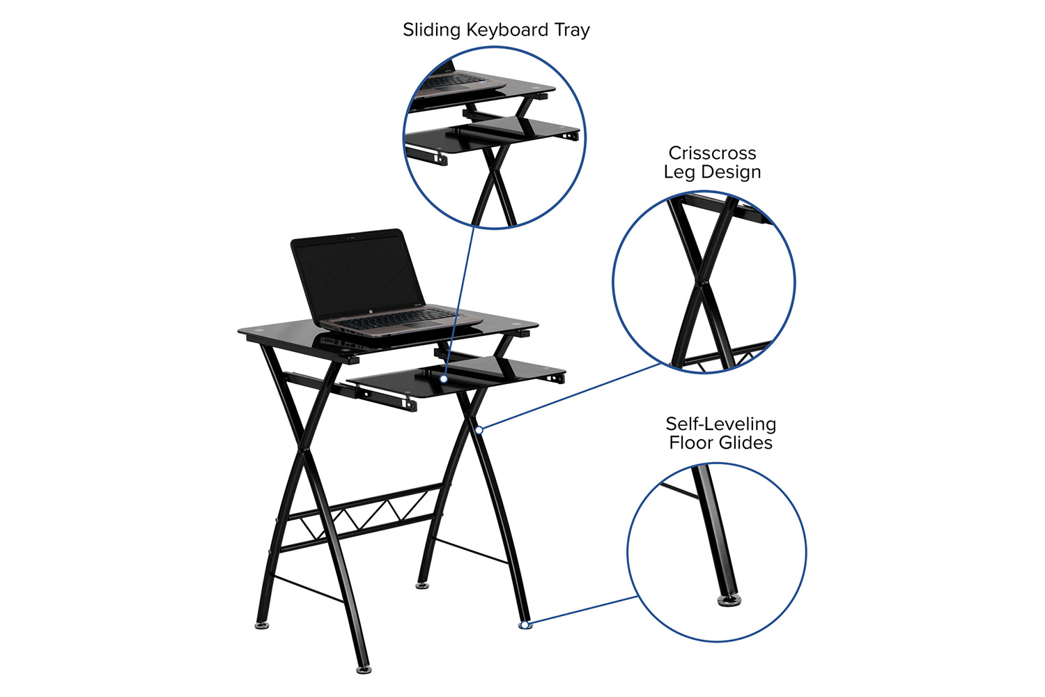 BLNK - Norris Black Tempered Glass Computer Desk with Pull-Out Keyboard Tray