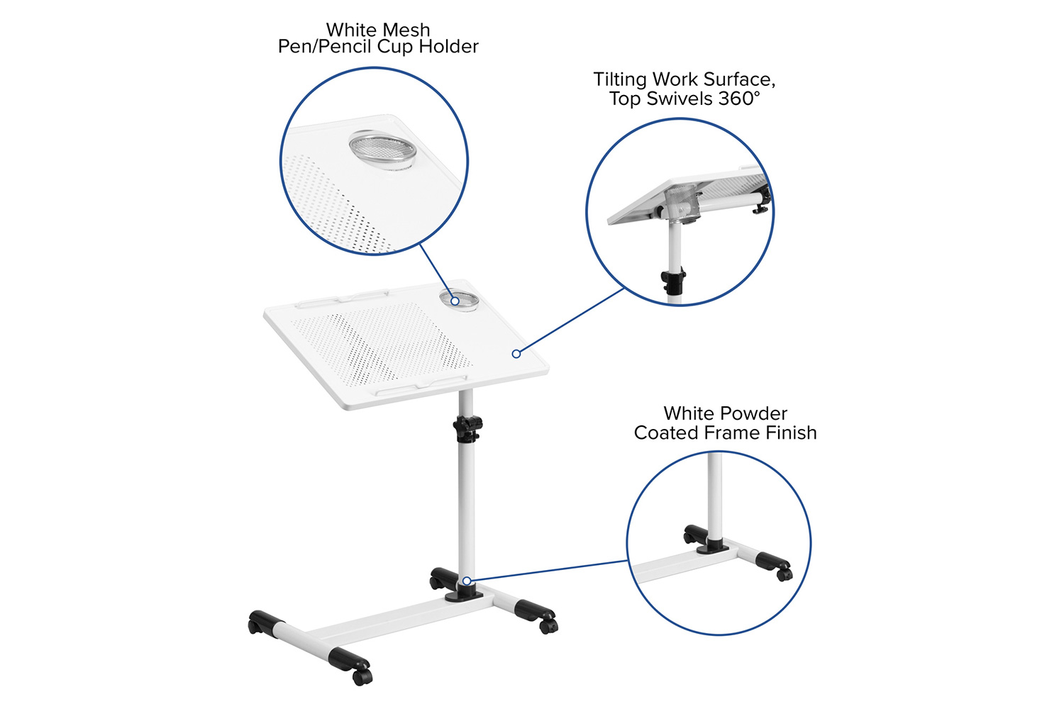 BLNK Macon Adjustable Height Steel Mobile Computer Desk - White