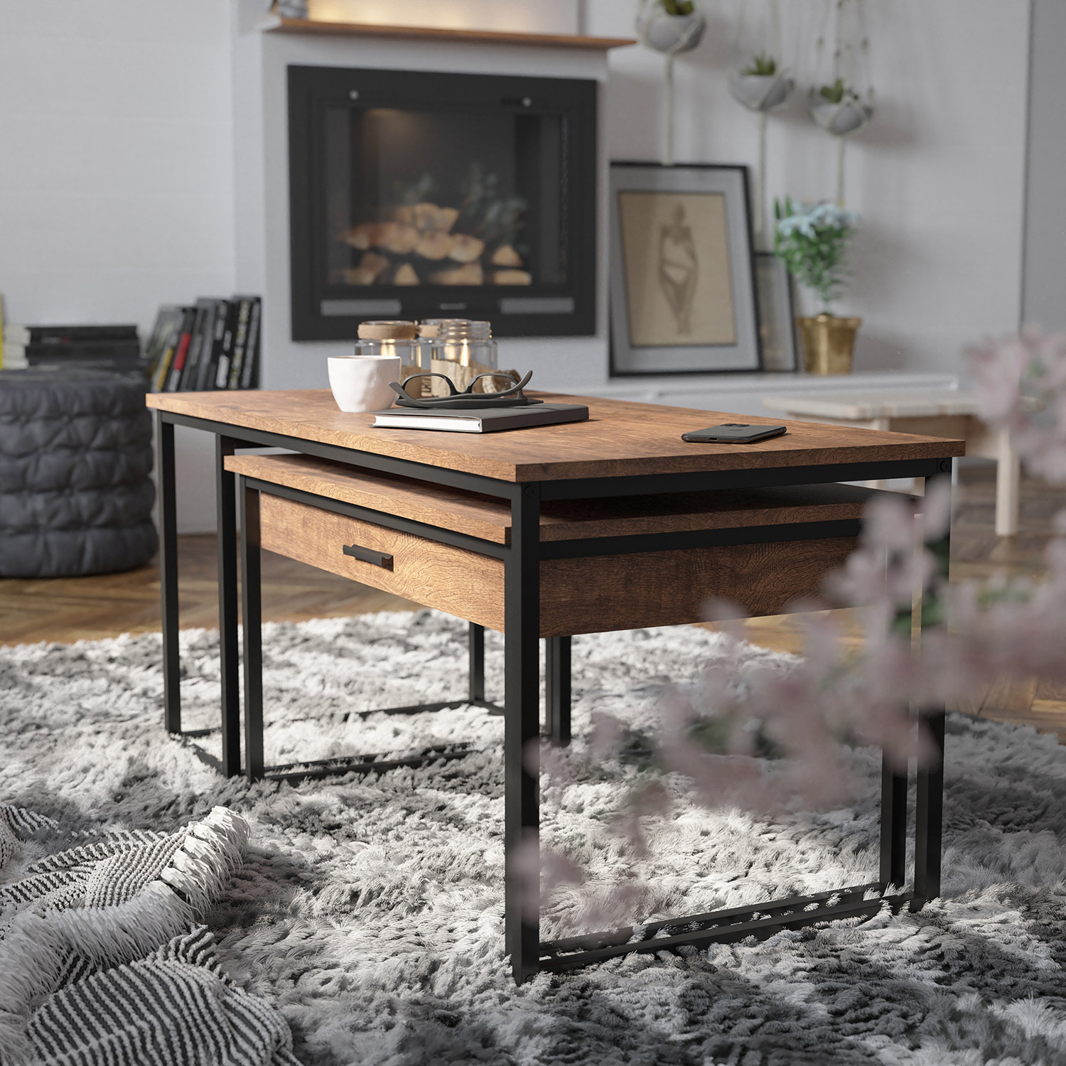 BLNK - Emerson Modern Nesting Coffee Table Set with Storage Drawer in Walnut Finish with Black Sled Base Metal Frames 2 Piece