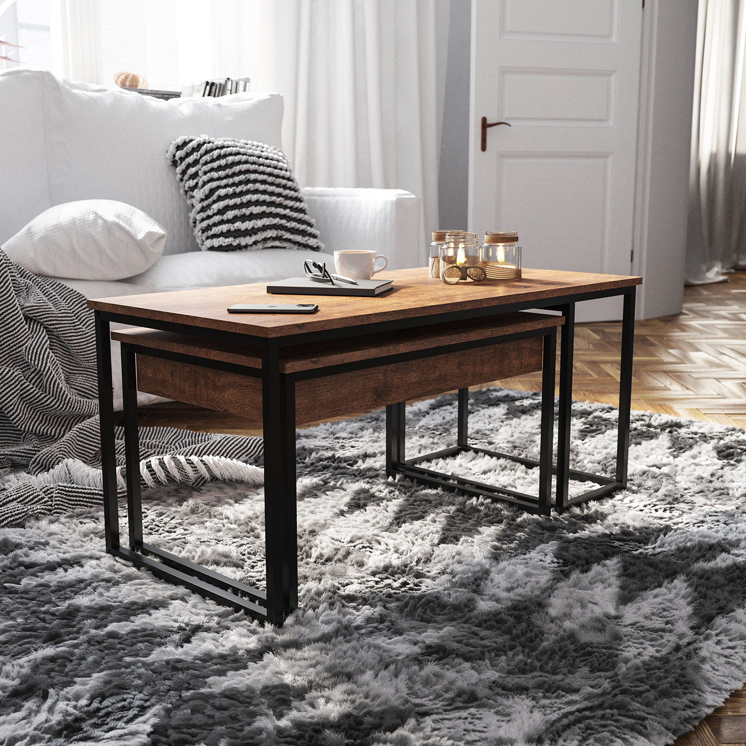 BLNK - Emerson Modern Nesting Coffee Table Set with Storage Drawer in Walnut Finish with Black Sled Base Metal Frames 2 Piece