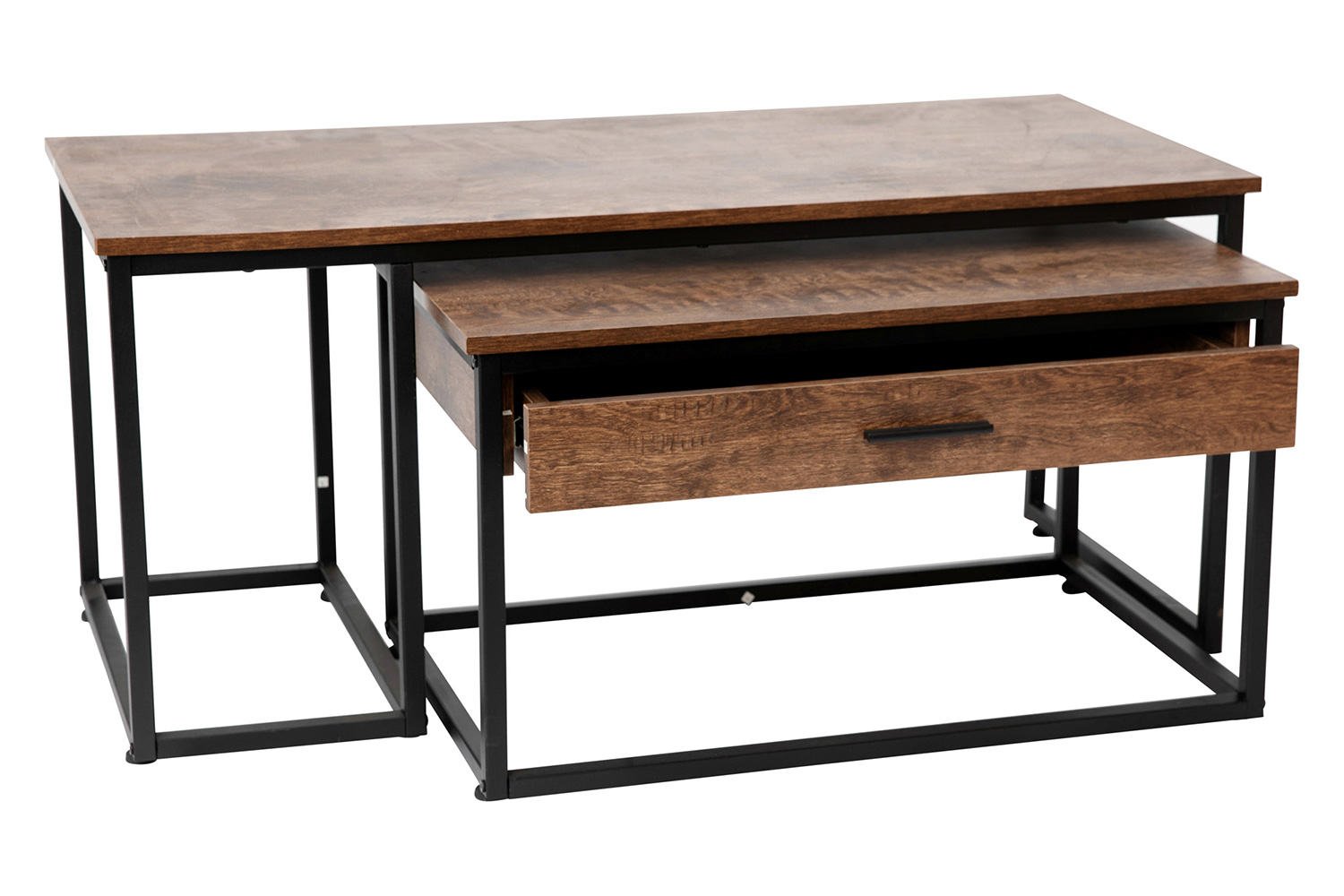 BLNK - Emerson Modern Nesting Coffee Table Set with Storage Drawer in Walnut Finish with Black Sled Base Metal Frames 2 Piece