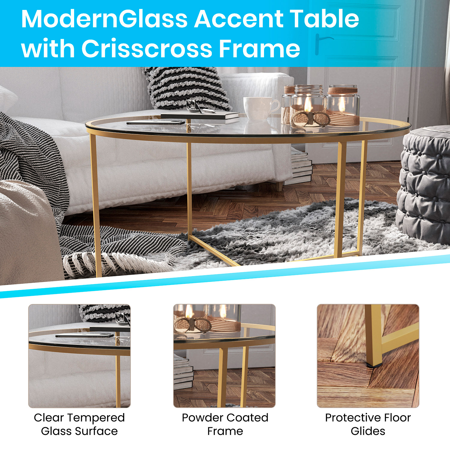 BLNK™ Greenwich Collection Modern Clear Glass Accent Coffee Table - Brushed Gold