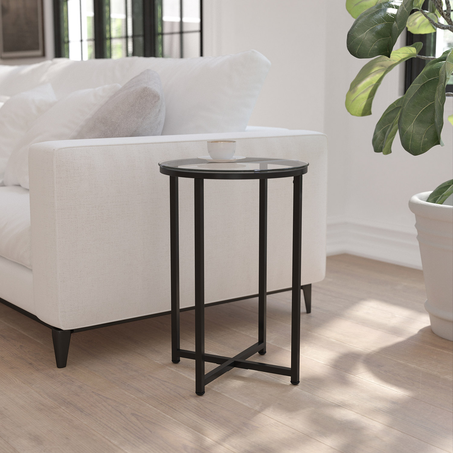 BLNK Greenwich Collection Modern Clear Glass End Table with Crisscross Frame