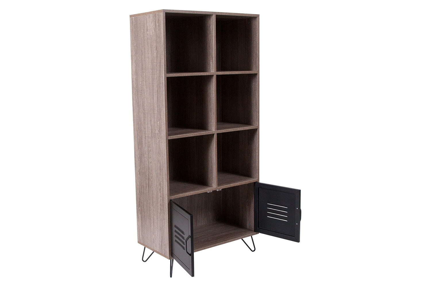 BLNK - Woodridge Collection 6 Cube Storage Organizer Bookcase with Metal Cabinet Doors and Metal Legs in Rustic Wood Grain Finish