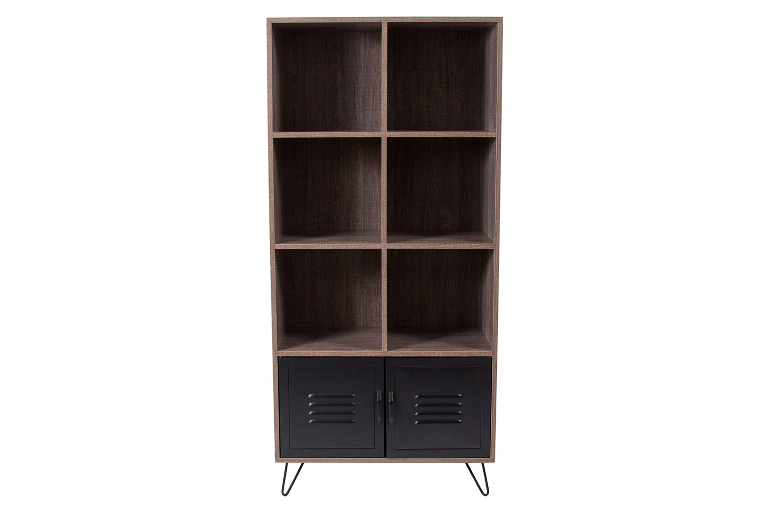 BLNK - Woodridge Collection 6 Cube Storage Organizer Bookcase with Metal Cabinet Doors and Metal Legs in Rustic Wood Grain Finish