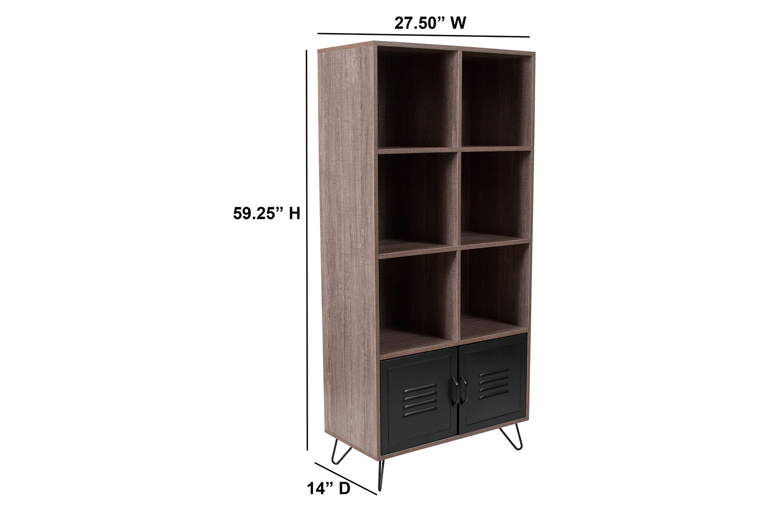 BLNK - Woodridge Collection 6 Cube Storage Organizer Bookcase with Metal Cabinet Doors and Metal Legs in Rustic Wood Grain Finish