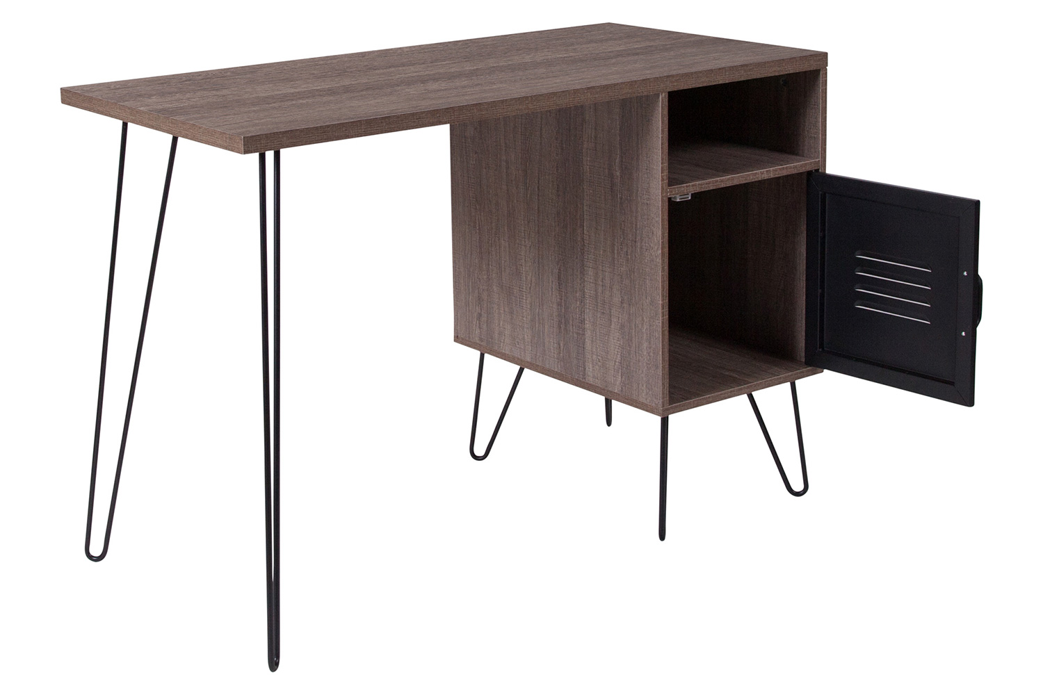 BLNK - Woodridge Collection Rustic Wood Grain Finish Computer Desk with Metal Cabinet Door and Black Metal Legs