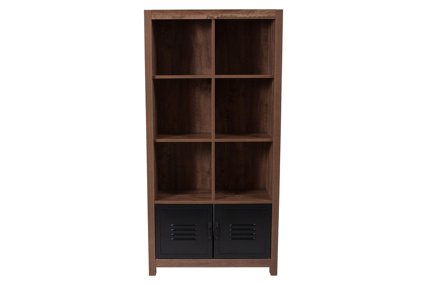 BLNK - New Lancaster Collection 6 Cube Storage Organizer Bookcase with Metal Cabinet Doors in Crosscut Oak Wood Grain Finish