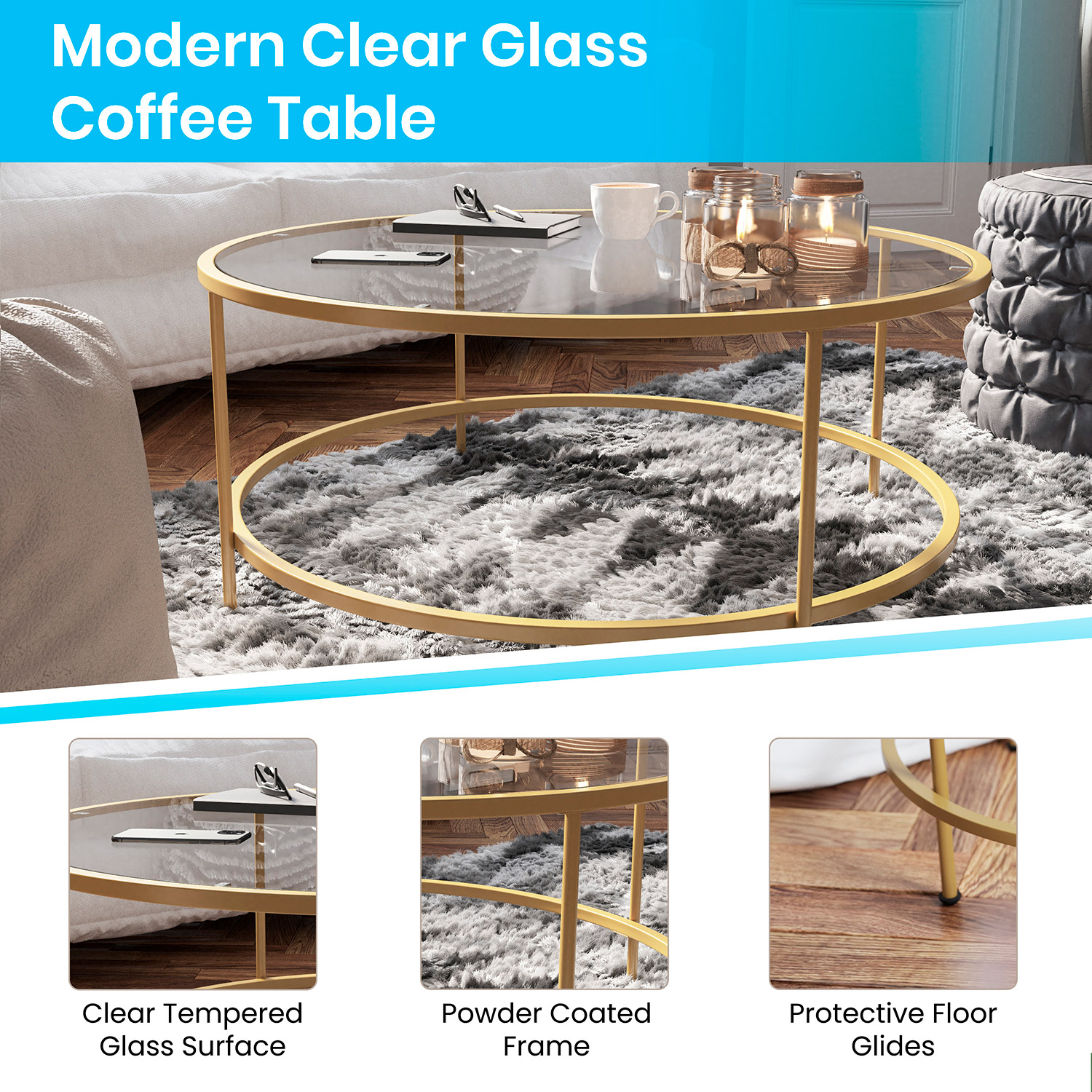 BLNK Astoria Collection Round Modern Clear Glass Coffee Table - Brushed Gold