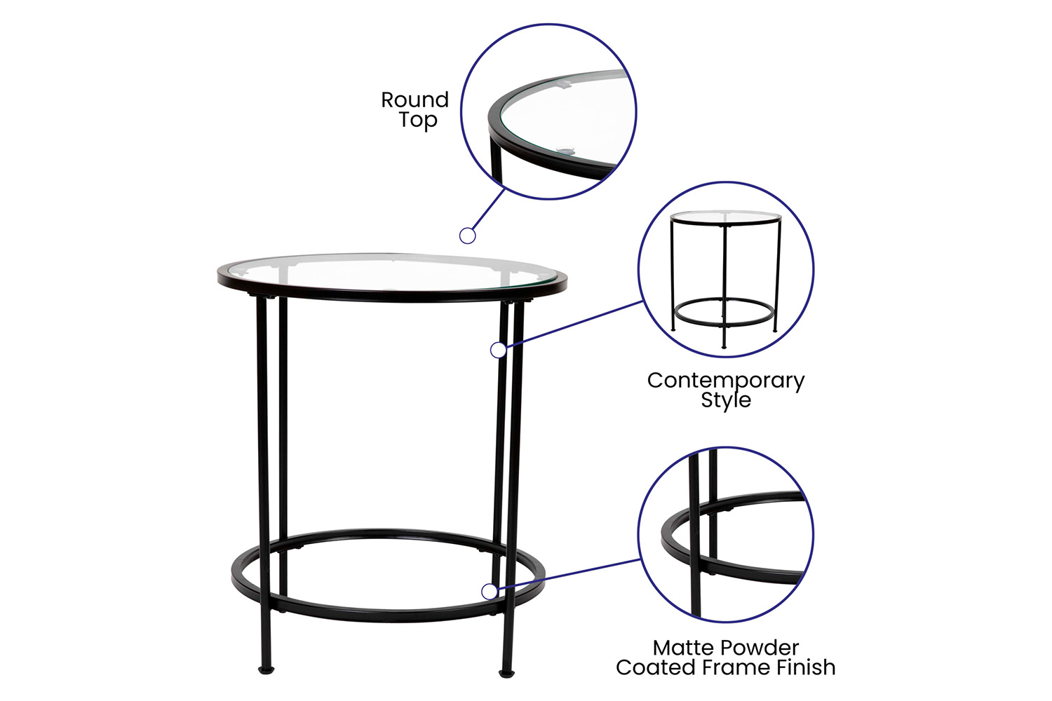 BLNK Astoria Collection Round Modern Clear Glass End Table - Matte Black